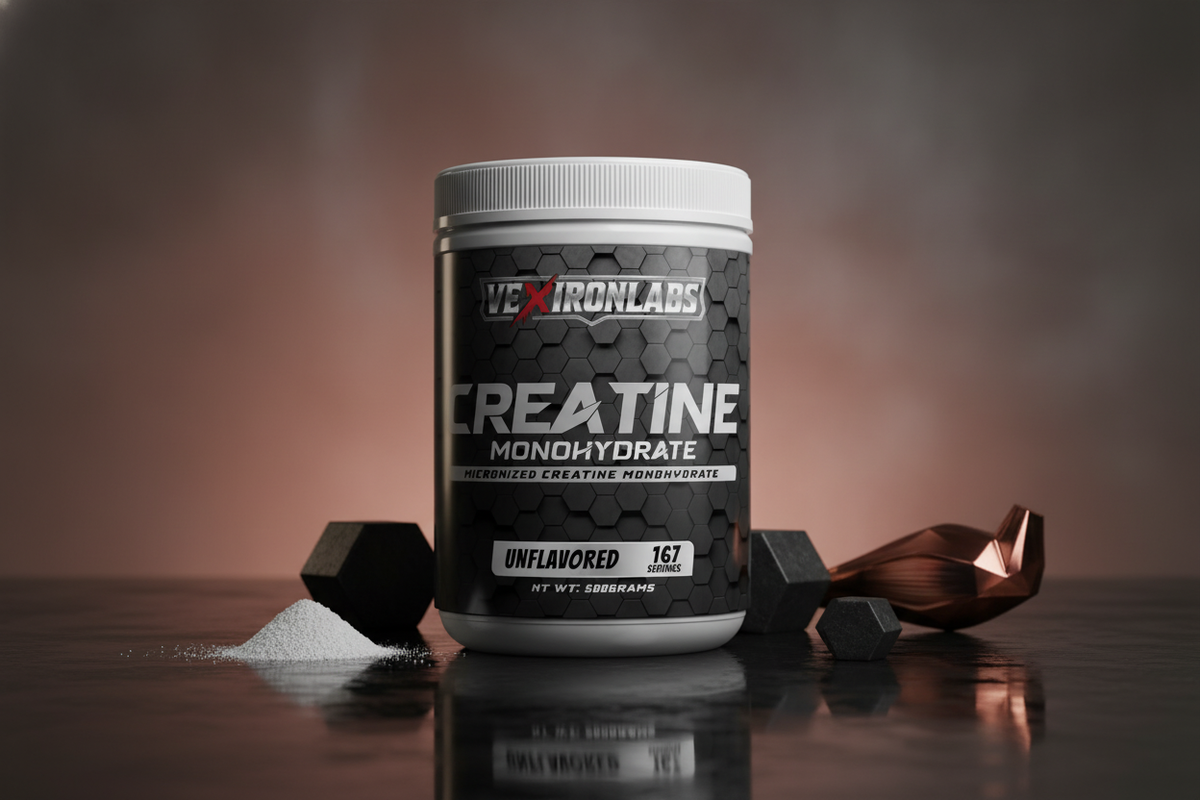 A VexironLabs Creatine Monohydrate 500g tub on a dark, reflective surface, dramatically lit with high contrast.